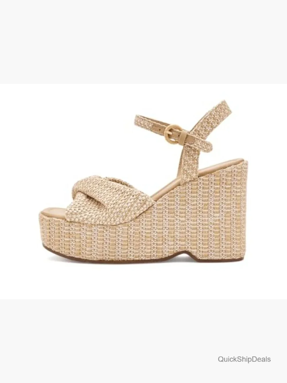 Raffia Wedge Sandals with Buckle Closure - Open Toe Heels